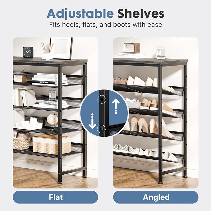 DUMOS 5-Tier Shoe Rack, Mesh Shelves & Wooden Top, Holds 20 Pairs, Grey Oak | Adjustable shelves lay flat or angled, metal frame with leveling feet, fits entryways & closets, grey oak finish