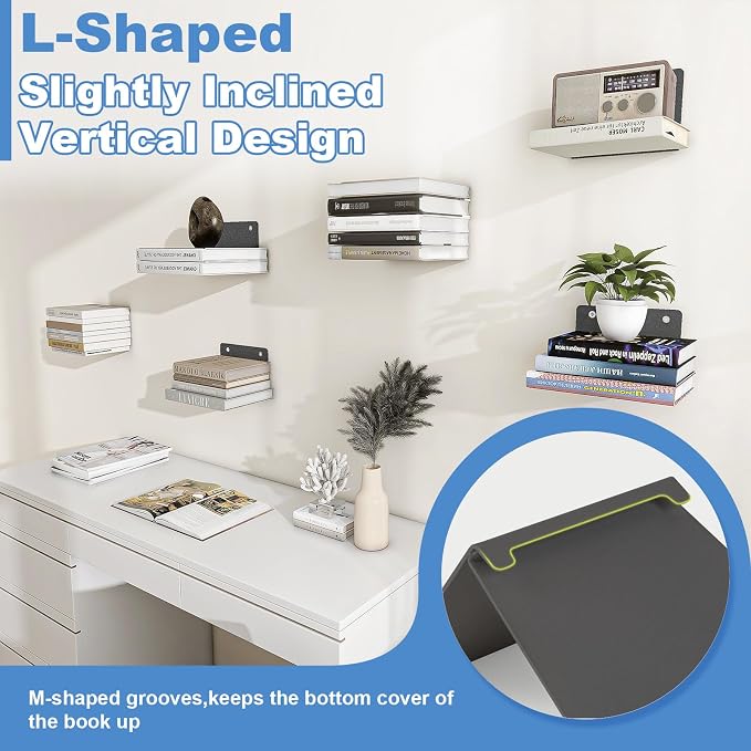 FENTEC Floating Book Shelves for Wall, Wall Mounted Invisible Floating Bookshelf, Heavy-Duty Hanging Bookshelves, Hidden Book Shelf Metal Wall Book Holder for Bedroom Home Office, 6-Pack Black