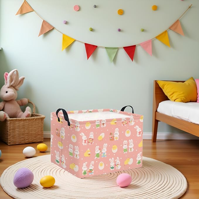 Rectangular Easter Basket for Home Kitchen Baby Girls Basket Cute Storage Bin Organizer Shelf Book Room Decor(Pink Cute Bunny)
