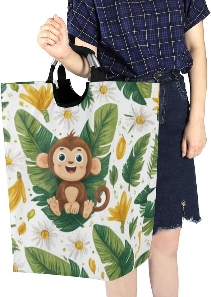 Sunny Monkey with Daisies Large Laundry Hamper Basket, Collapsible Laundry Bag Storage Bins Baskets with Handles for Laundry, Bedroom, Home Decor