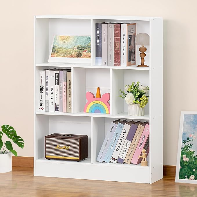 YAHARBO White 7 Cube Bookshelf,3 Tier Modern Horizontal Bookcase,Wooden Low Book Shelf Display Storage Cabinet with Base,Floor Standing Short Bookshelves Open Organizer for Bedroom,Living Room,Office