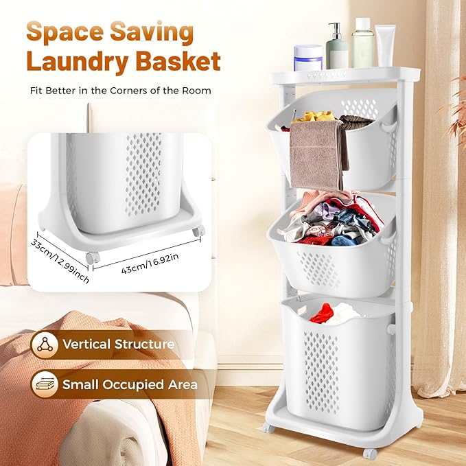 Rolling Laundry Hamper Storage Sorter Vertical Laundry Baskets Sorter Clothes Hamper with Portable Storage Baskets for Kitchens, Bathrooms, Bedrooms, Classrooms