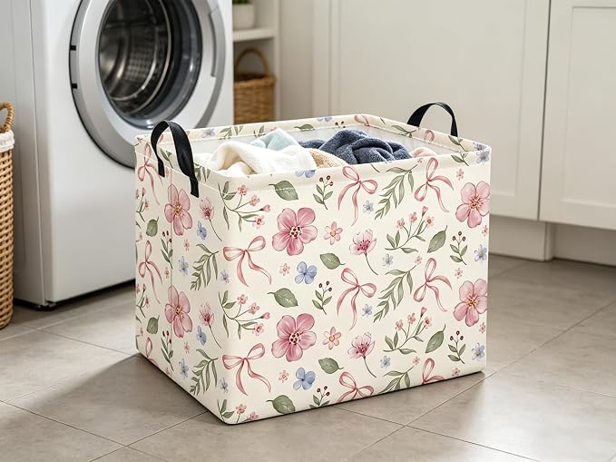 Rectangular Baby Kids Storage Basket for Home Kitchen Girls Cute Toy Storage Bin Organizer Shelf Book Room Decor(Bowknot Flower)