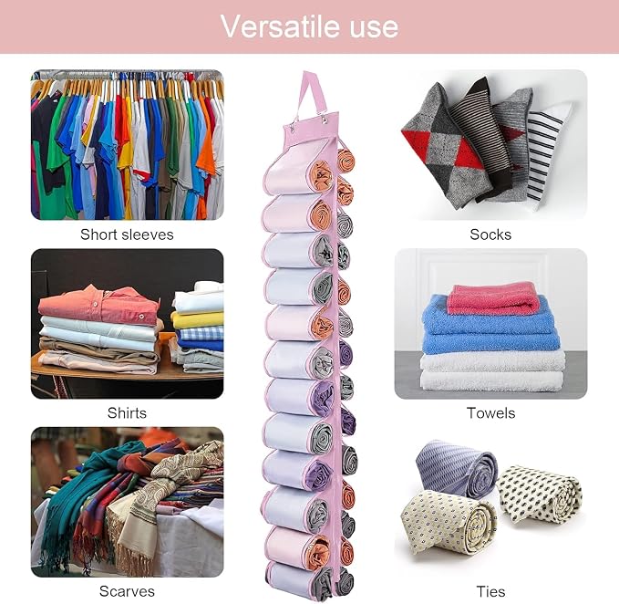 DHSFKBE Legging Organizer Storage, Shirt Organizer, Foldable Hanging Closet Organizer Storage with 26 Roll Independent Compartments for Yoga Pants, Tank Top, Towel, Underwear (Pink)