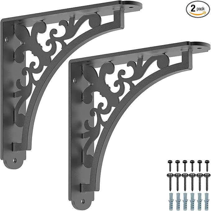 SELEWARE Black Heavy Duty Shelf Brackets, L 8" x H 8" x W 2" Wall Mount Decorative Shelving Brackets, 1/5" Thick Metal L Brackets with Mounting Hardware for DIY Floating Shelf (Classic B, 2 Pack)