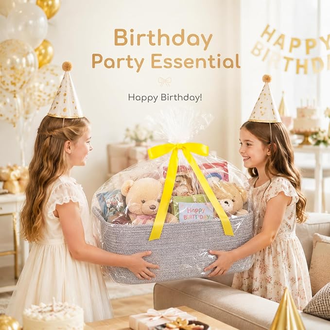OIASKET Large Empty Cotton Rope Gift Basket with Handles, 16.5"x12.6"x7" Decorative Woven Storage Basket with Gift Bag and Ribbon Set for Baby Shower, Toy Organizer for Kids, Dogs & Cats - Grey