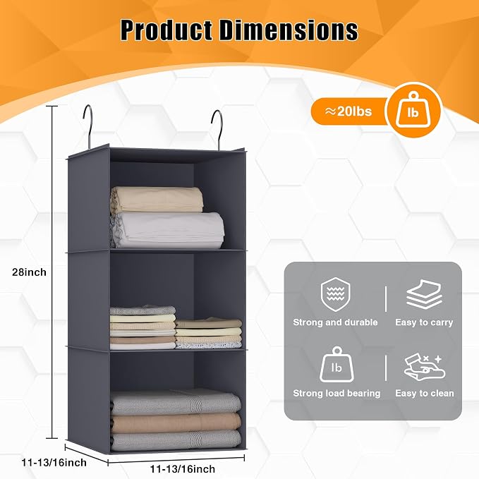 Hanging Closet Organizer 3-Shelf, Oxford Fabric Wardrobe Storage, Dark Gray | Easy-mount foldable design holds clothes, handbags, shoes & accessories; washable Oxford fabric, sturdy and space-saving.