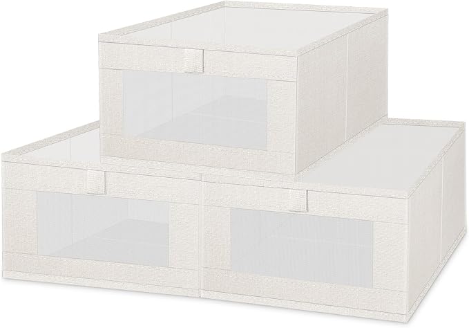 Linen Bins 3 Pack, Foldable Storage Organizer with Window, Beige | 16"x11"x7" size fits standard closet shelves and cubbies—neatly corrals clothes, towels, and jeans, with a clear window