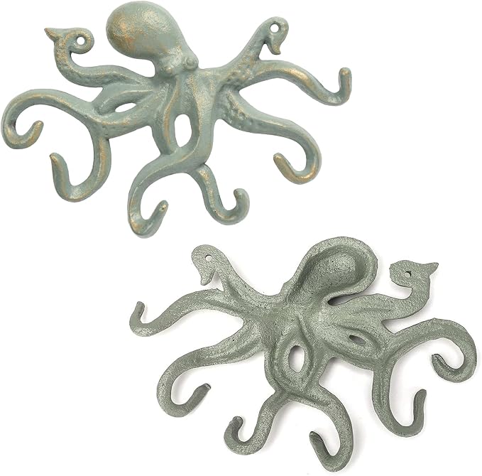Octopus Iron Wall Hooks for Hanging, Rustic Decorative Hooks/Key Holder/Coat Hooks/Towel Hooks with 6 arms - Gold Green