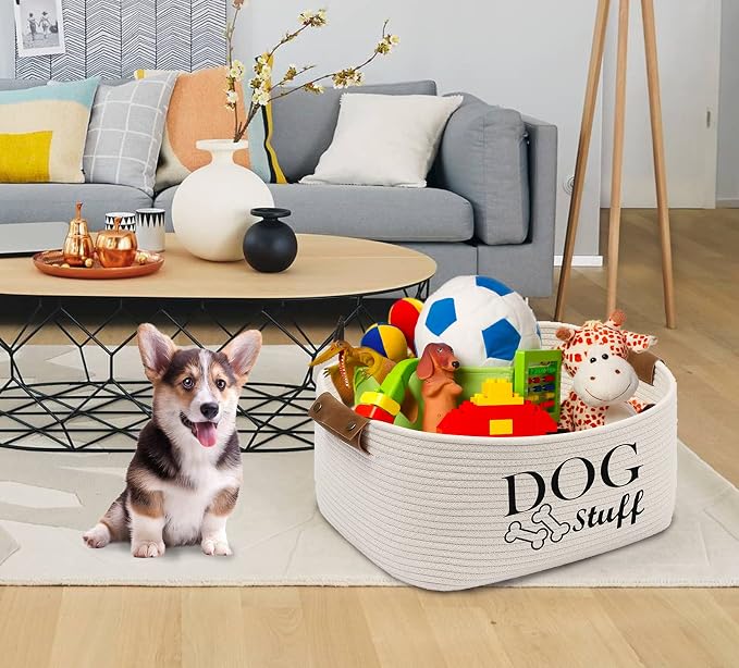 Geyecete Square Dog toy basket storage Cotton Rope Storage Basket Pet/Pet Toy And Accessory Storage Bin Doy Toy Box-Beige