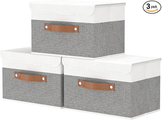 OUTBROS Foldable Storage Boxes, Large Linen Fabric, 15 x 9.8 x 9.8 inch, White/Grey, 3-Pack | Storage Cubes with Lid, Linen Fabric Wardrobe Baskets, Large Box For Towels, Clothes