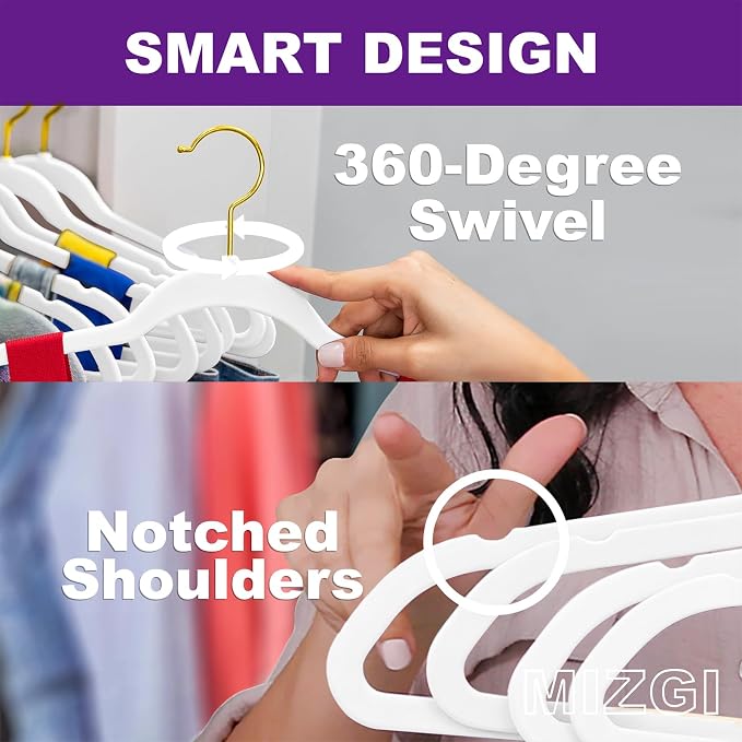 MIZGI Premium Velvet Hangers Pack 60 Pcs Heavyduty - Non Slip Slimline - Velvet Suit Hangers White - Gold Hooks,Space Saving Clothes Hangers