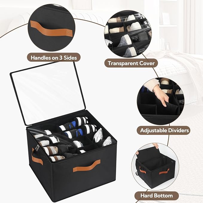VZZNN 2 Pack Shoe Organizer for Closet, Foldable Shoe Storage Bins with Clear Cover and Adjustable Dividers, Fits up to 16 Pairs, Large Shoe Box Storage Containers with Reinforced Handles (Black)