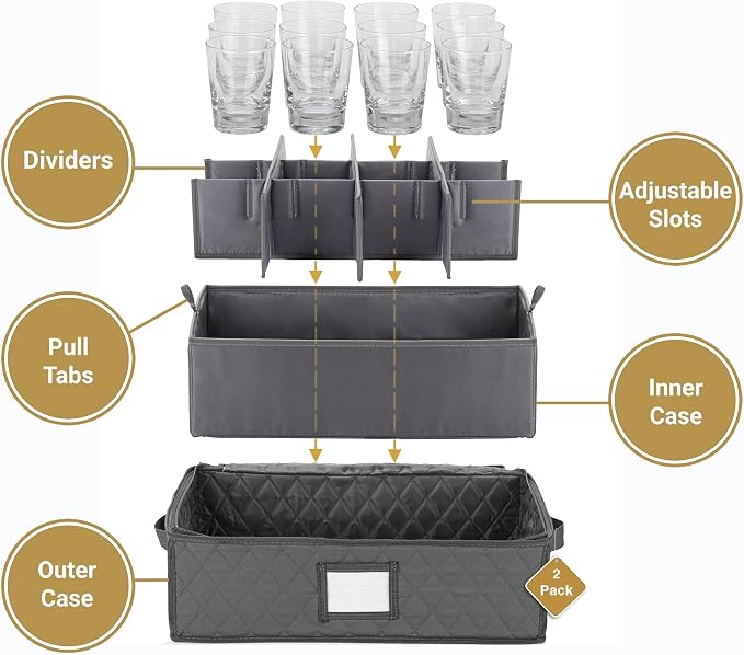 2 Pack - China Cup Storage Chests Hold 24 Coffee Cups or Mugs – Stackable Glassware Organizer with Customizable Dividers and Inner Case for Extra Protection – Gray