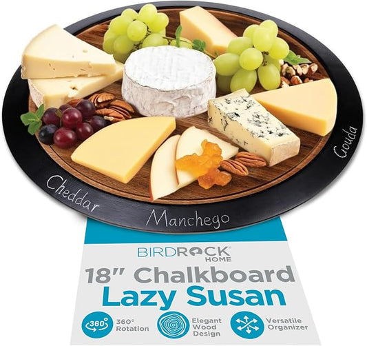 BIRDROCK HOME 18" Chalkboard Lazy Susan | Food Labels | Table Top Turntable | Cabinet or Pantry Organizer | Decorative Spice Rack Medicine Cleaning Spinning Table | Wood - Large