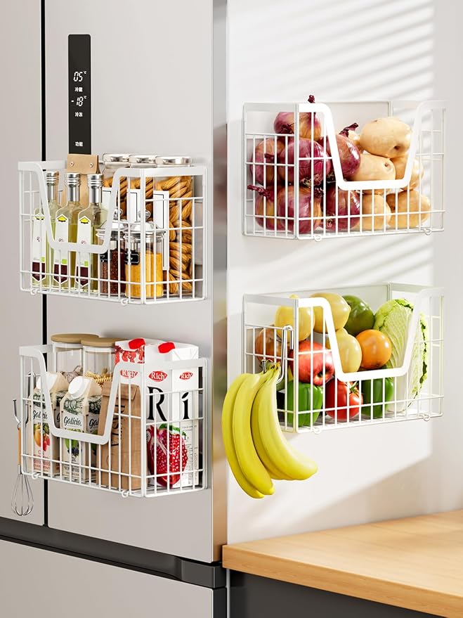 4 Pack Magnetic Shelves For Fridge, White Potato Onion Storage Bin | Magnetic Fruit Basket for Fridge Organizers and Storage, Veggie Onion Potato Wire Storage Basket for Kitchen, Pantry Laundry