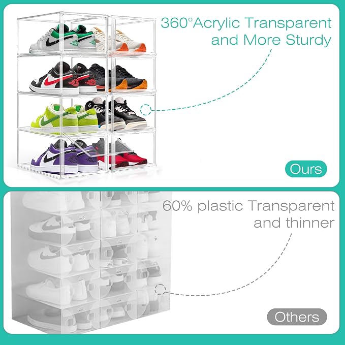 12 Pack Drop-Front Clear Shoe Boxes Acrylic Box Sneaker Boxes Size 12, Stackable Shoe Display Cases with Magnetic Door Storage Bins for Sneaker Containers Boot Figure Display