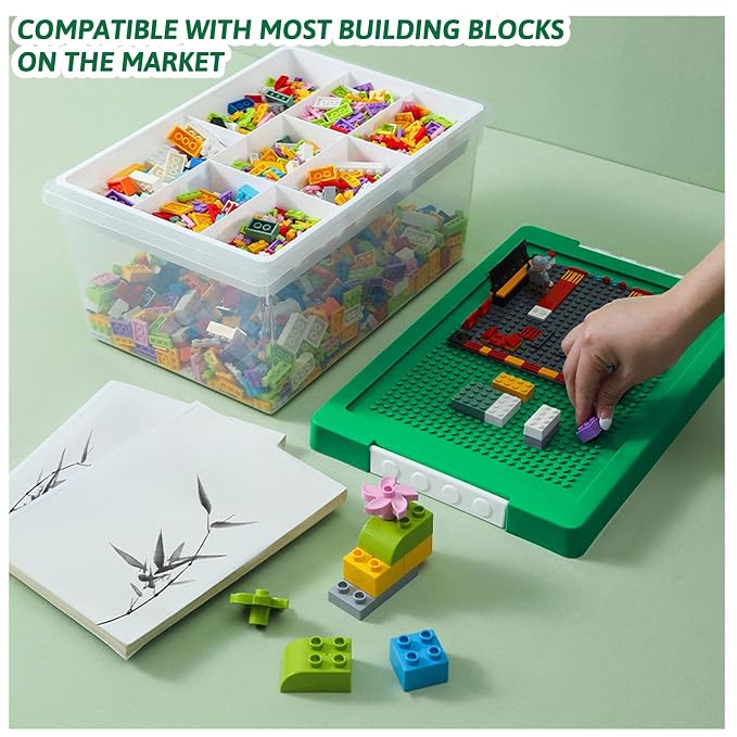 Plastic Storage Bins with Lids - 1 Set Stackable Arts Crafts Organizer Box with Removable Divided Tray &Compatible Building Baseplate,Toy Chest Containers for Bricks - (14.37"x9.64"x6.69")