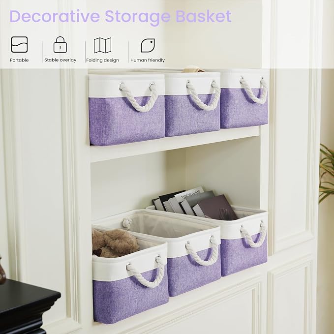 Storage Baskets for Shelves 13.8x9.8x6.7 Inch, Foldable Fabric Storage Bins with Handles, Small Storage Baskets for Organizing Closet, Office, Home Organization (1-Pack, White&Purple)
