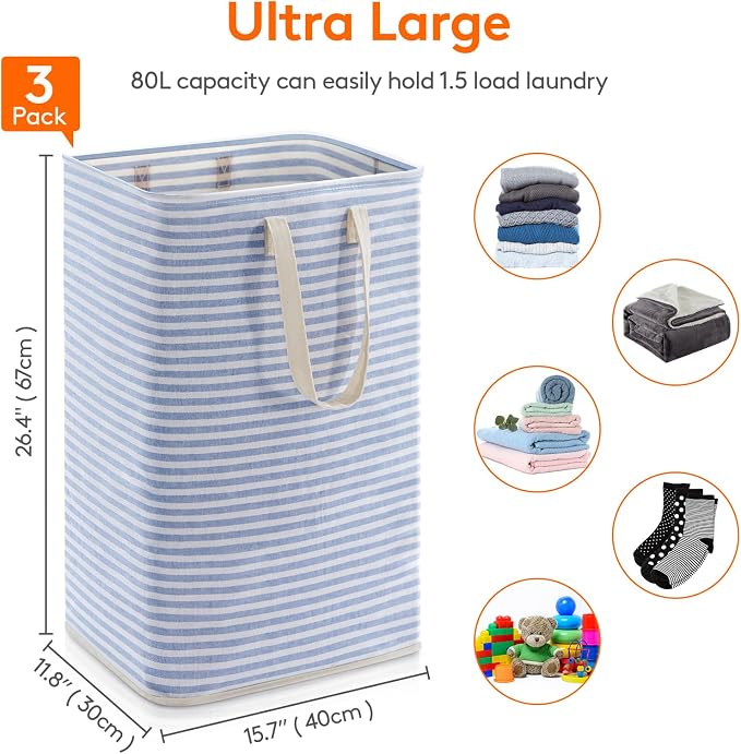 Lifewit 3 Pack Laundry Basket 80L Each, Collapsible Clothes Hamper with Reinforced Handles, Freestanding Waterproof Design for Bedroom and Laundry Room, Blue 240L Total