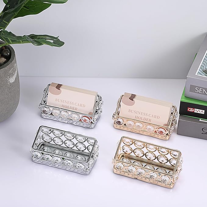 Hipiwe 2 Packs Crystal Business Card Holder with Gold Metal for Office Desk | Bling Business Card Display Stand for Women, Name Cards Storage Organizer with Mirror Base