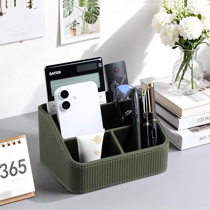 Remote Control Holder with 4 Compartments, PU Leather Small Nightstand Organizer for Home Desk Accessories Office Supplies, Multifunctional Stylish Small Bedside Desktop Organizers (Green)