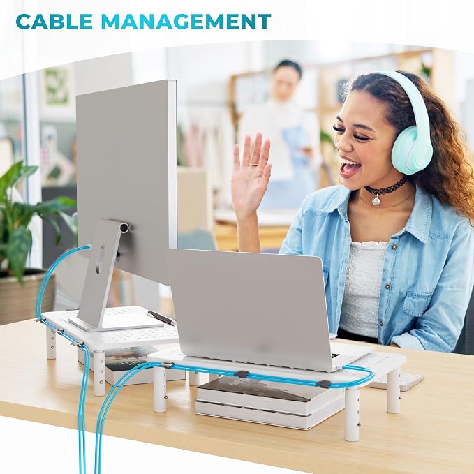 BONTEC Monitor Stand for Desk 2 Pack, 3-Level Height Adjustable Metal Monitor Riser, Ergonomic Computer Stand with Pen Holder & Cable Management for Printer, Laptop, Office Workstation, White