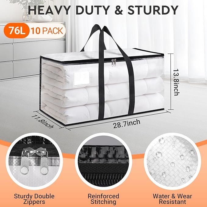 HomeHacks Clear Moving Bags Heavy Duty 10 Pack, Storage Bags with Zipper, Extra Thick Handles & Waterproof Packing Boxes for Moving, Camping, Home Organization 76L/20Gal (28.7"x11.8"x13.8")