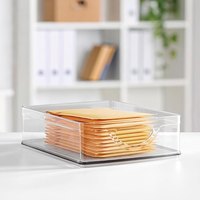 iDesign Plastic Stackable Pantry Bin, Set of 2, Clear | Storage Bin with Handles, For Cabinets or Fridge