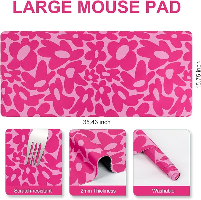 L-SPOUTTO Pink Gaming Mouse Pad Large Desk Mat XXL Mouse Pad Non-Slip Rubber Base Keyboard Pad Waterproof Desktop Mat for Laptop Computer Work Game Home Office-Hot Pink Daisy