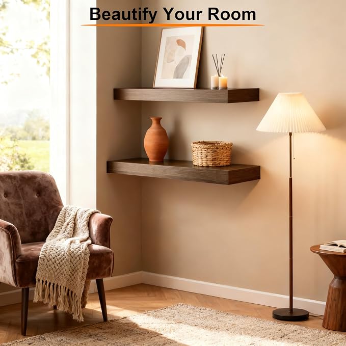 Floating Shelves for Wall,Wall Shelves for Decor Storage,Display Shelving 16 inch Set of 2,Wall Mounted Wood Shelf for Bedroom,Living Room,Bathroom,Kitchen,Brown(2pcs,Brown)