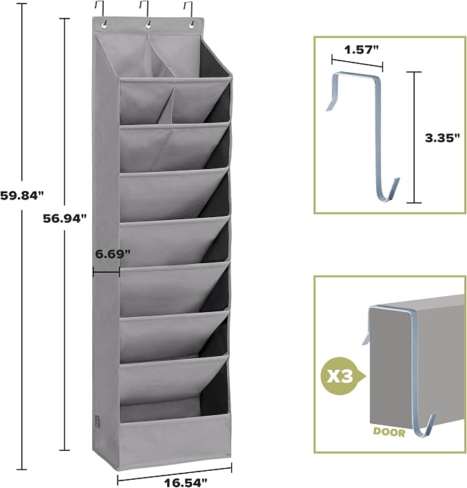 6 Pack Shoe Organizer with 6 Extra Large Pockets and 4 Large Pocket, Over the Door Sturdy Closet Storage Rack, Hanging Shoe Organizer for Shoes, Sneakers, Grey
