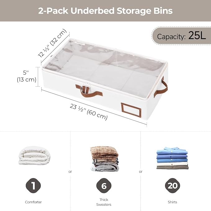 StorageWorks Under Bed Storage Containers with Handles and Label Holder, 2 Pack Ultra-thick Fabric Underbed Bins, Closet Organizer for Clothes, Blankets, Sweater