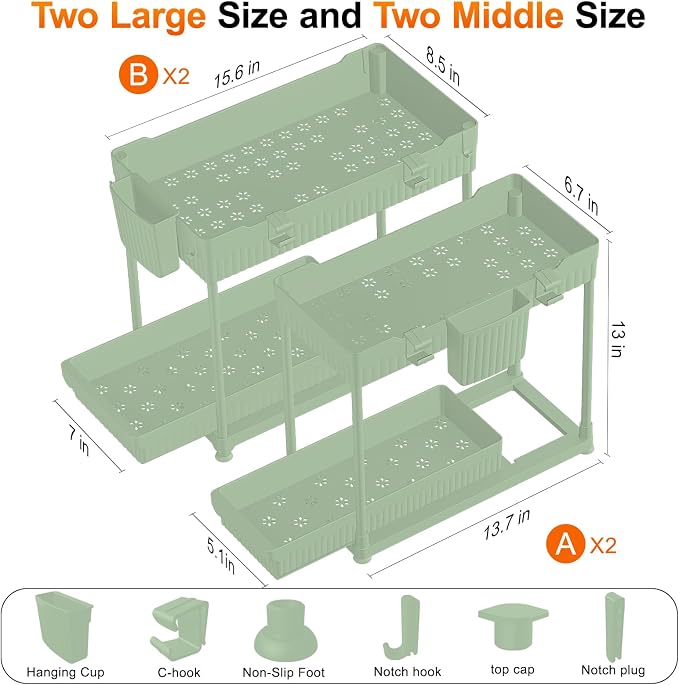 Sevenblue 4-Pack 2-Tier Under Sink Organizer with Pull Out Drawers | Multi-use kitchen & bathroom storage. Includes hanging hooks and cups. Green, space-saving cabinet design. 12.8 Inch