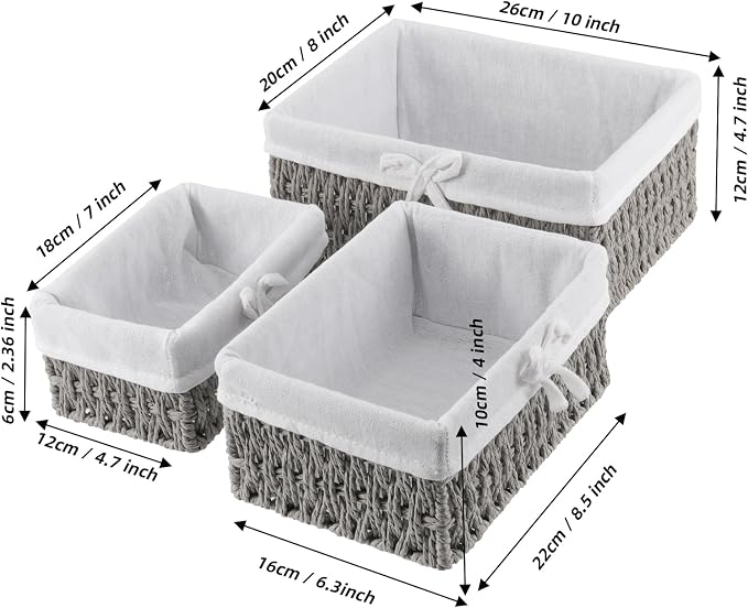SHEUTSAN 3 PCS 3 Sizes Gray Woven Storage Basket with Removable Liner, Decorative Paper Rope Woven Storage Bin for Organizing and Storing