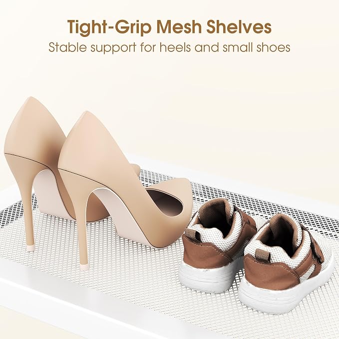 SAYZH 2-Tier Expandable Shoe Rack for Closet, Adjustable Metal Shoe Organizer with Sturdy Mesh Shelves for Boots & Heels, Stackable Shoe Storage for Entryway, Garage, Small Spaces (White, 2-Tier)