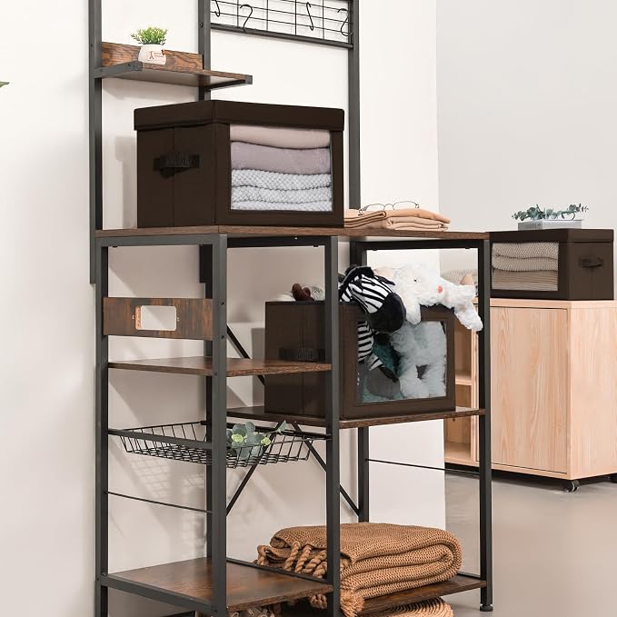 Homsorout Stackable Storage Bins with Lids - Medium Storage Box with Lids, Foldable Closet Boxes for Organizing, Wardrobe Clothes Organizer with Window, Cubes Bins for Living Room, 5 Pack, Brown