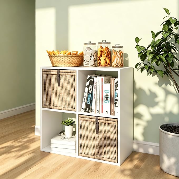 4 Cube Shelf with Anti-Tipping Kits + Reversible Open Back Bookcase, Multi Layer and Multi Grid Partition Layout (White 11in)