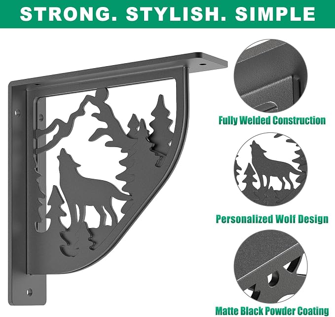 SELEWARE Black Heavy Duty Shelf Brackets, L 8" x H 8" x W 2" Wall Mount Decorative Shelving Brackets, 1/5" Thick Metal L Brackets with Mounting Hardware for DIY Floating Shelf (Wolf, 2 Pack)