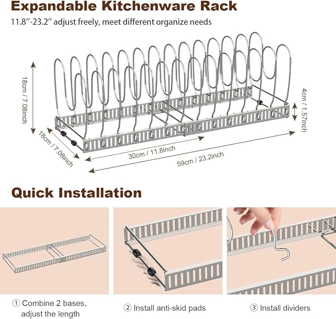 Housolution 2 Pack Pot and Pan Lid Organizer Holder Storage Rack, Silver | 12"-23" Expandable, 14 Adjustable Dividers, Sturdy Metal Construction, Easy Assembly