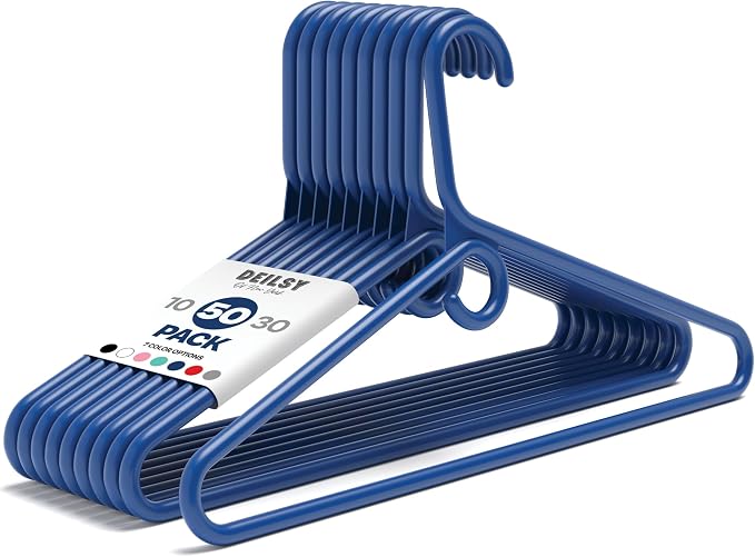 DEILSY™ Heavy Duty Plastic Hangers 50 Pack - Extra Heavy Duty Hangers for Clothes, Thick Navy Plastic Hangers, Strong Clothes Hangers with Hook for Scarves & Belts