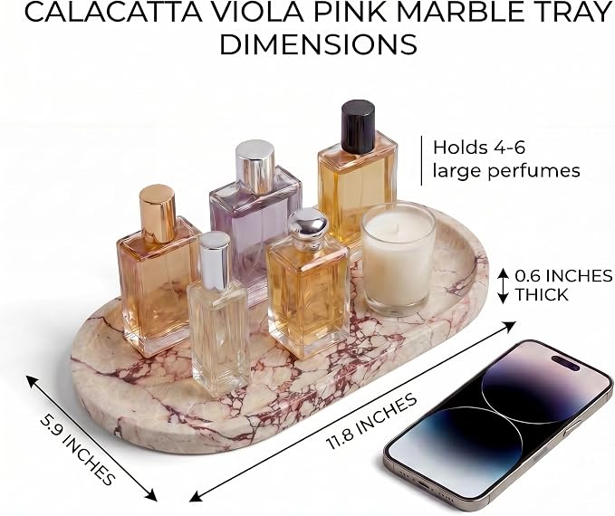 YKAJO Calacatta Viola Pink Oval Marble Tray, 11.8x5.9 Perfume Organizer | Honed natural stone; jewelry & trinket dish, ring & key holder, soap & candle catchall; bath counter, dresser, coffee table