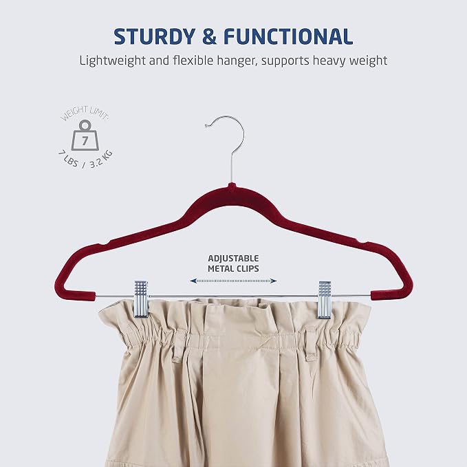 Zober Velvet Hangers with Clips - 20 Piece Set for Pants, Skirts, Suits, Dresses & Shirts - Notched Burgundy Velvet, Non Slip Felt, 360 Degree Hook
