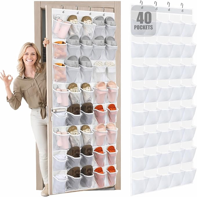 Windyun 40 Over the Door Shoe Organizer Large Breathable Mesh Pocket Clear White Hanging Shoe Rack for Closet Behind Door Hanger Storage Holder Nonslip Hook for Women Men Entryway Bedroom Utility Room