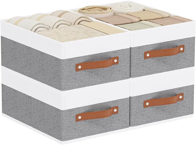 Storage Bins Organizers,13×9.1×5.5In,White/Grey Boxes,4Pack | Clothing Storage Baskets,Fabric Closet Organizer,Foldable Containers with PP Plastic Board,Large Cubes for Clothes,Hat,Books