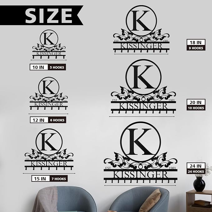 Dyoart Personalized Key Holder Wall Mount - Custom Family Name Key Holder for Wall, Metal Key Rack Hook Organizer, Coat Rack, Key Hanger Wall Decor for Kitchen, Entryway, Hallway, Bedroom