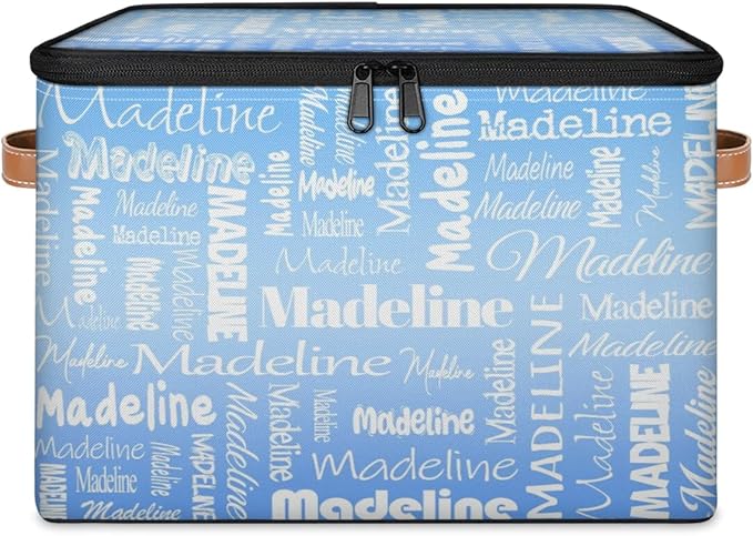 Custom Storage Basket with Name, Personalized Keepsake Box with Zipper Lid, Foldable Fabric Memory Bin Large capacity with Handle Blue