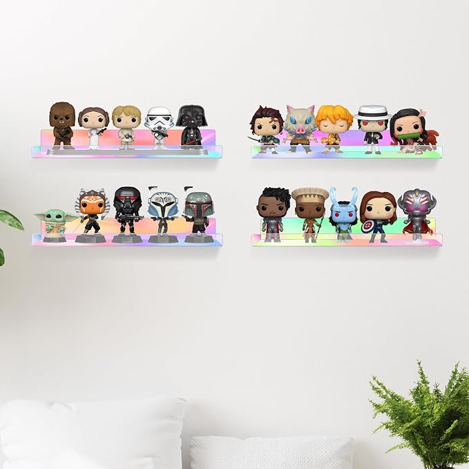 Dezzer 4 Pack Acrylic Shelves for Wall, 15" Acrylic Floating Shelves for Bathroom Bedroom, Invisible Bookshelf Wall Ledge Storage Shelf Books Perfume Toys Action Figure Display Shelves, Iridescent