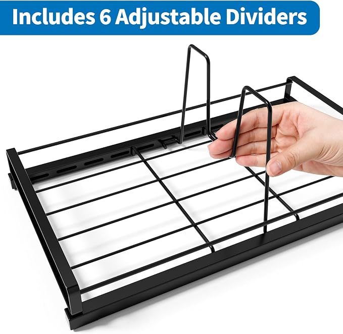 Food Container Lid Organizer, Adjustable 6 Dividers Full-Metal Pot and Pan Organizer Rack for Kitchen Cabinets, Drawers, Cupboards, Pantry Shelves Storage, Black