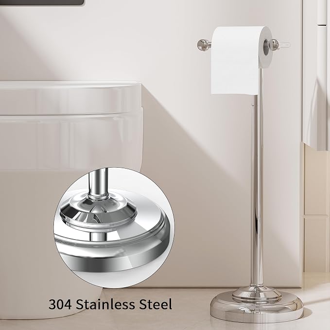 Toilet Paper Holder Stand, Toilet Paper Holder Free Standing,Post Pivoting Design & Stable Weighted Base SUS304 Stainless Steel for Bathroom (Chrome)